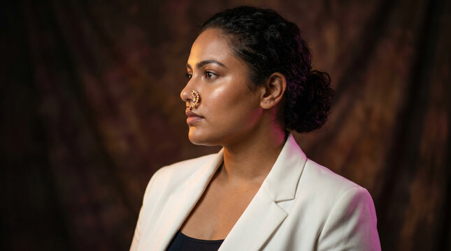 Young Indian Businesswoman in White Blazer with Traditional Nath