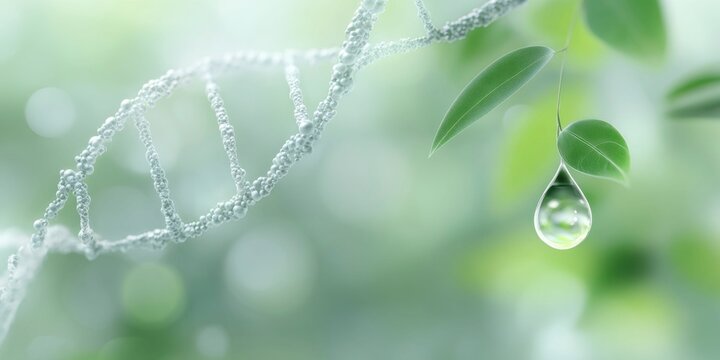 close-up of the double helix structure of dna. the background is light green and white. in a crystal glass, there's an oil droplet floating in it.
