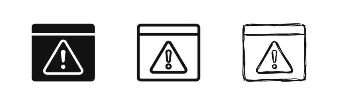 Warning alert window icon set in solid, outline and sketch styles