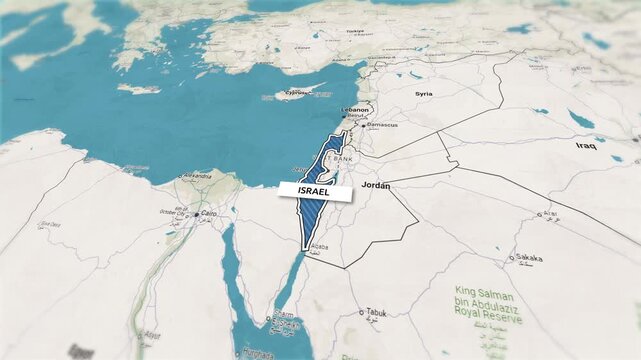 Borders of the state of Israel on the map. Country Israel on the map is highlighted by a polygonal border. Map animation. From above zooming in with panoramic view