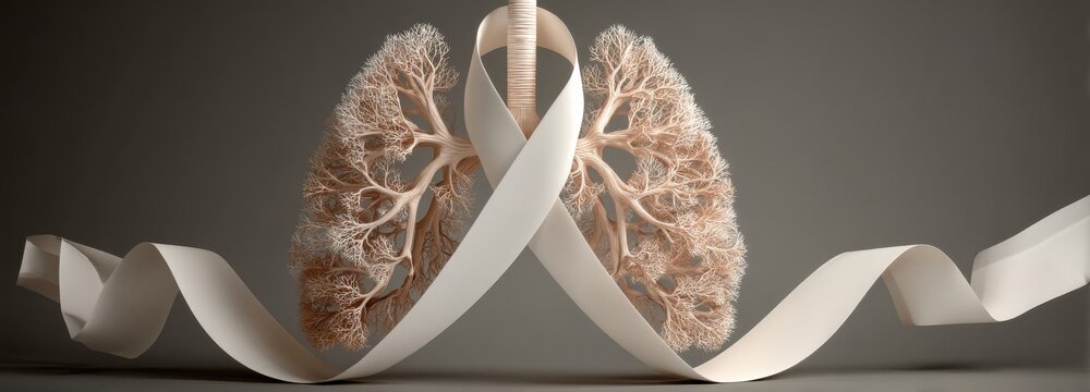 Stylized lungs with ribbon for medical awareness on respiratory care and health