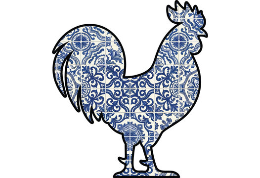 Rooster Silhouette Filled With Blue And White Ceramic Tile Pattern