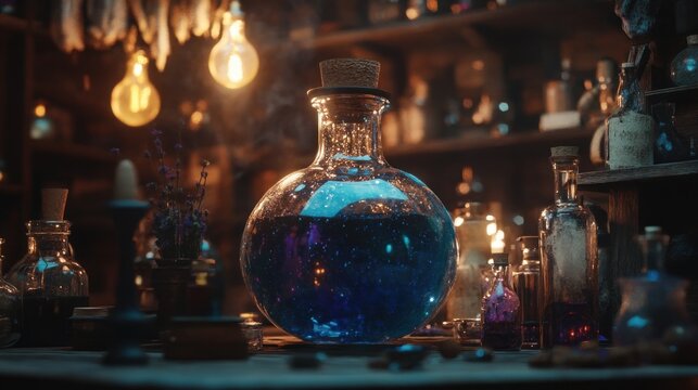 Mystical potion in a round glass flask in a dimly lit apothecary