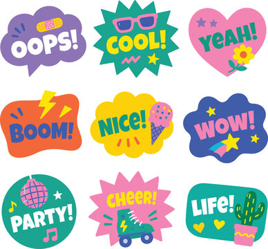 Collection of nine colorful comic style speech bubbles with playful texts and cute illustrations.