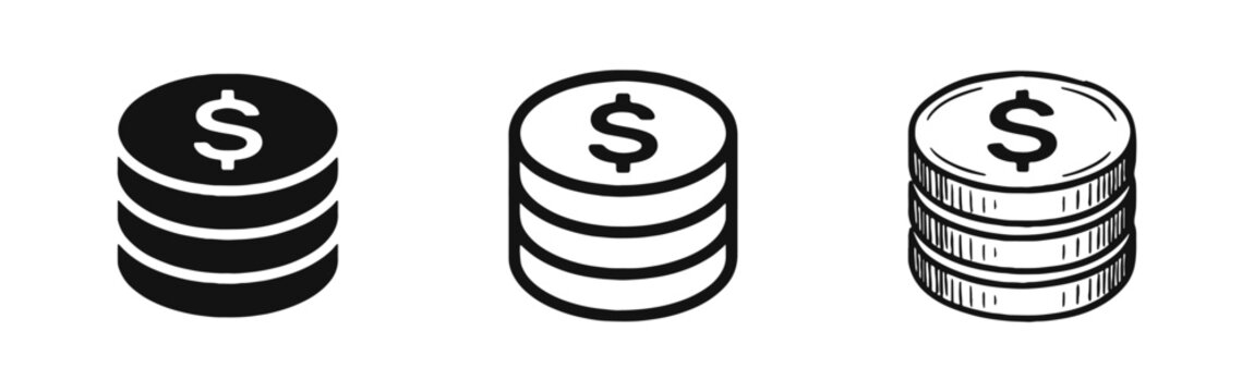 Stack of Dollar Coins Icons - Set of Solid, Outline, and Hand-Drawn Money and Finance Vector Symbols