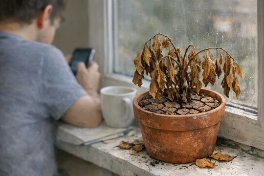 A person standing by a window looking at a deceased plant, possibly contemplating the impermanence of life