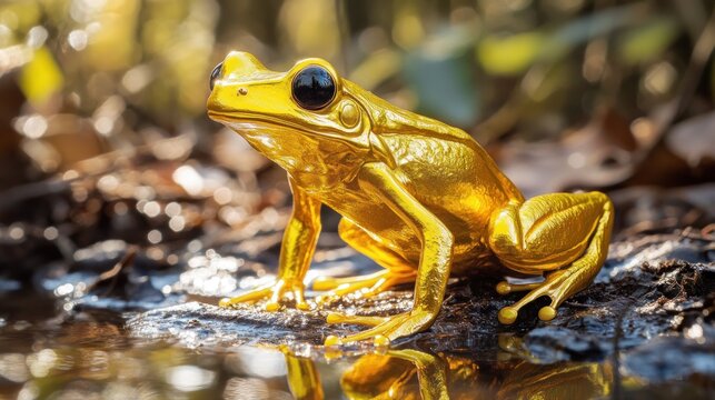 Golden frog in a forest setting