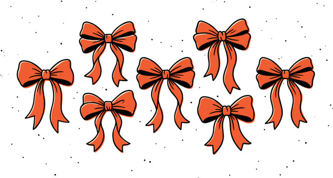 Set of orange ribbon bows with long tails in simple hand drawn style for gift decoration vector illustration