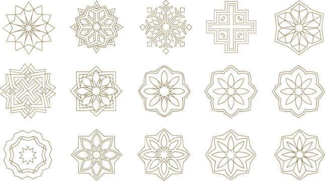 Elegant gold mandala geometric ornament collection with symmetrical floral patterns for luxury decoration and spiritual design vector set