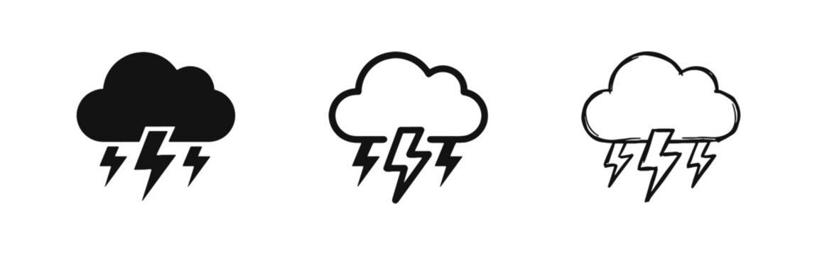 Storm cloud with lightning icon set, weather forecast vector illustration in three different styles