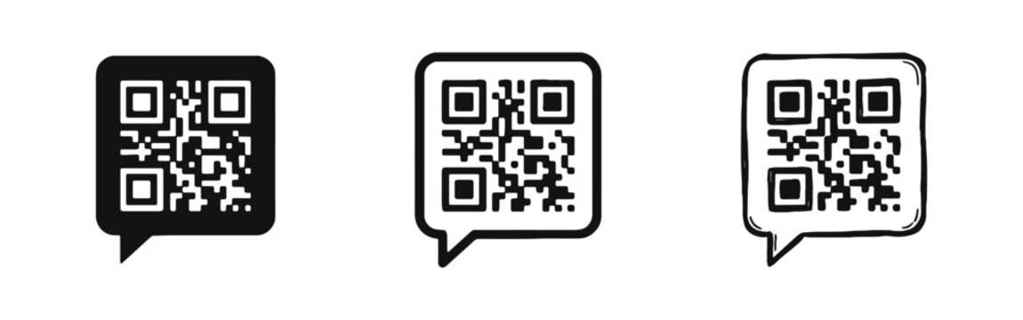 QR code speech bubble icon set, digital scan and mobile payment symbols in solid, outline, and hand-drawn styles.