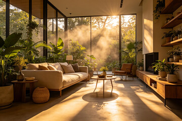 Fototapeta premium Modern luxury living room interior with biophilic design, indoor plants and golden hour sunlight rays.
