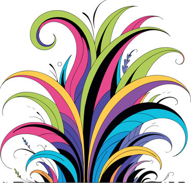 features a vibrant and stylized digital illustration of a dense tuft of decorative grass or foliage, rendered in a striking, whimsical art style. The plant consists of numerous long, gracefully archin