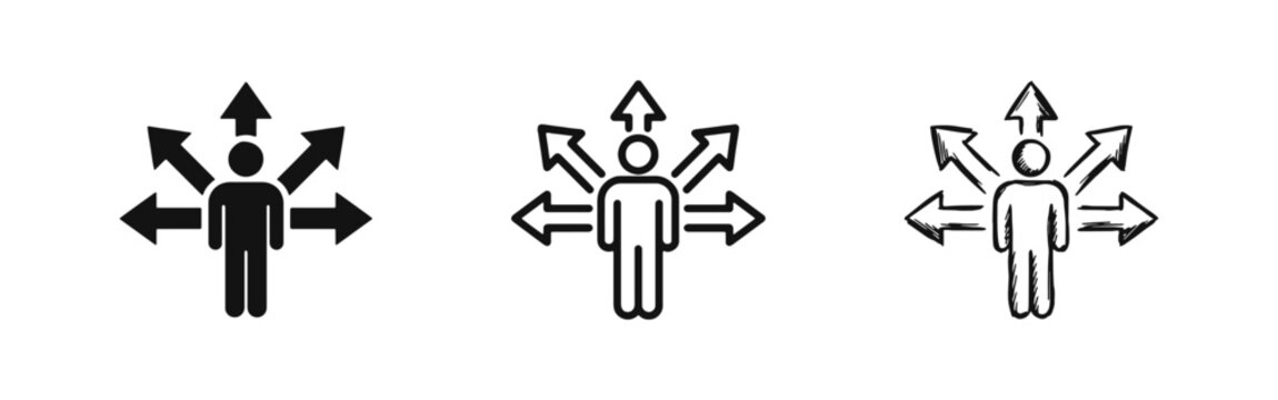Choice and direction icon set, person with multiple paths and arrows in solid, outline, and hand-drawn styles.