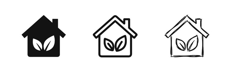 Eco friendly home and sustainable green living house icon set with leaves © drawing lines
