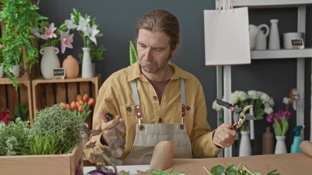 Man florist in studio holds pruning shears and inspects blades at a workbench surrounded by flowers and vases; quiet concentration.