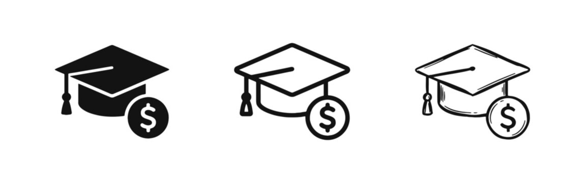 Education cost and tuition fees icon set with graduation cap and dollar coin