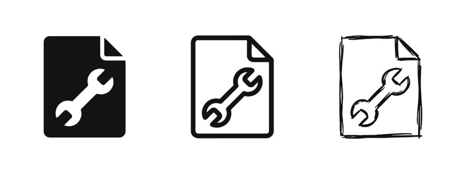 Technical documentation and maintenance settings icon set with document and wrench