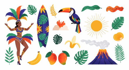 Obraz premium Vibrant collection of tropical and carnival elements including a samba dancer, toucan, surfboard, fruits, and volcano, perfect for summer travel themes.