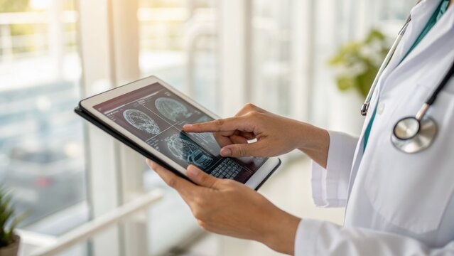 Doctor examining brain scans on a digital tablet in a bright medical office with a stethoscope visible.