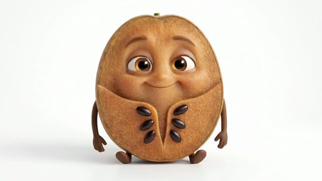 A round, brown 3D sapodilla character split in half to show its soft interior and dark seeds. It has large, friendly eyes and tiny brown limbs, smiling softly on a white background.