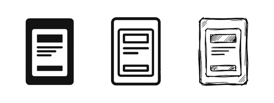 E-book reader and tablet icon set in solid, outline, and doodle styles for digital reading technology