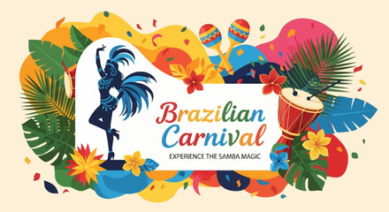 Obraz premium Vibrant illustration of a Brazilian Carnival celebration with dancers, musicians, and tropical foliage.