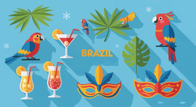Flat design illustration of Brazilian carnival and tropical elements including parrots, cocktails, masks, and exotic leaves on a blue background.