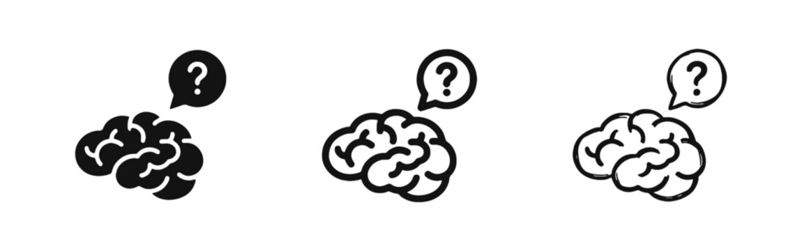 Brain and question mark icon set symbolizing curiosity, problem solving, and mental health awareness