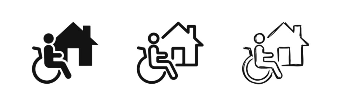 Accessible housing icon set with person in wheelchair and house for disability care and home safety