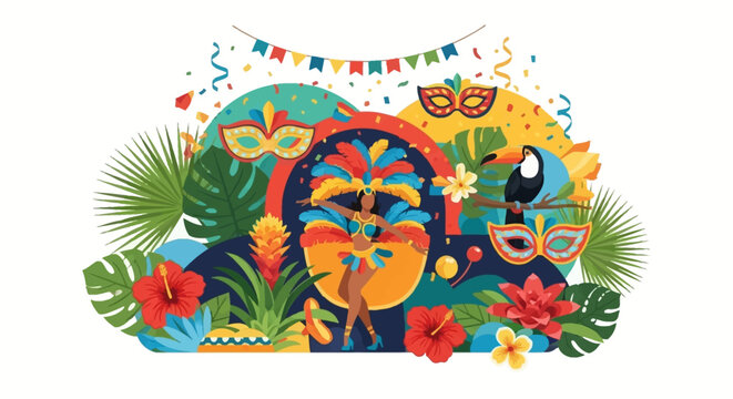 Vibrant illustration of a Brazilian carnival celebration with dancers, tropical foliage, and festive decorations.