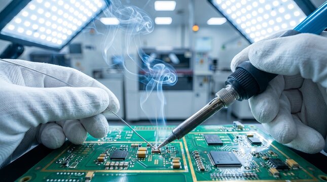 Closeup hands soldering circuit board, precision iron melting solder on tiny components