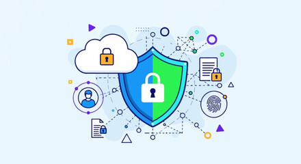 Fototapeta premium Digital security and data protection concept with cloud, shield, padlock, fingerprint, and user icons.
