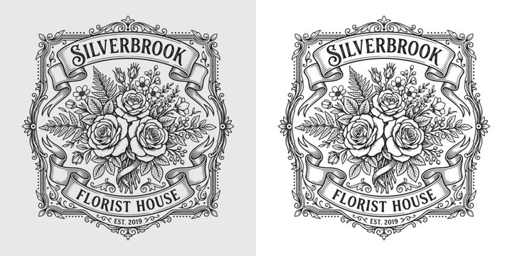 Ornate Silverbrook Florist House Logo with Bouquet and Ribbon Banner