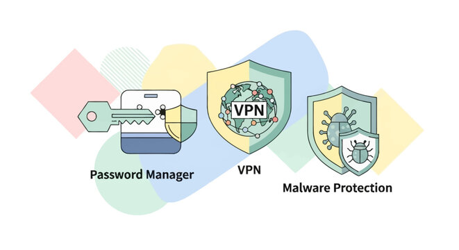 Illustration of cybersecurity tools including a password manager, VPN, and malware protection shield.