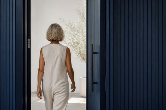 Quiet confidence as a woman walks through a modern doorway into a bright minimalist interior