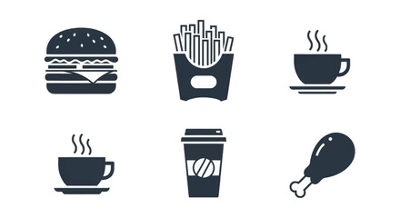 Fototapeta premium A collection of six dark grey icons representing fast food and beverages, including a burger, fries, coffee cups, a to-go coffee cup, and a chicken leg.