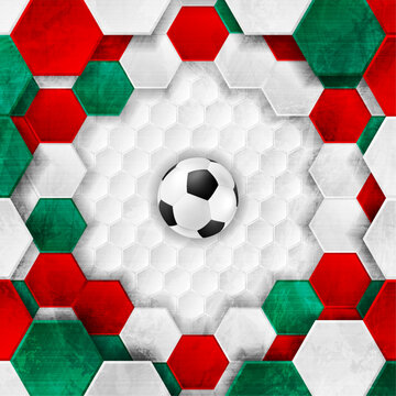 Geometric hexagonal football background with Mexican flag colors, grunge texture and soccer ball. Sport vector design for championship 2026