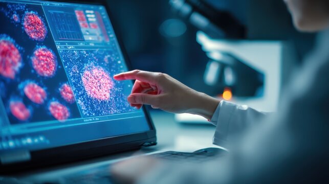 Hematologist analyzes digital data on screen in a lab setting