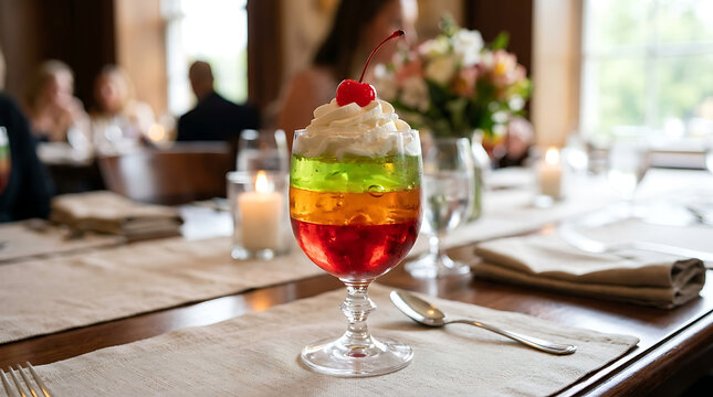 Elegant layered jelly dessert topped with whipped cream and cherry in a glass goblet at a formal dining setting