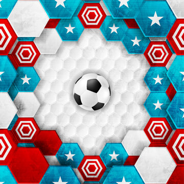 Geometric hexagonal football background with USA flag colors, grunge texture and soccer ball. Sport vector design for championship 2026