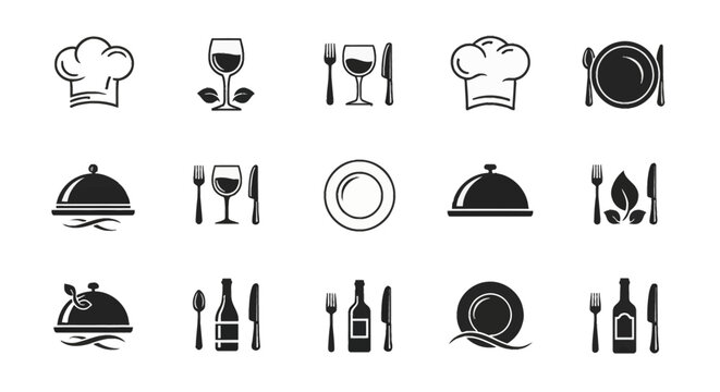 A collection of 15 vector icons representing various aspects of dining and culinary arts, including chef hats, plates, cutlery, wine glasses, and covered dishes.
