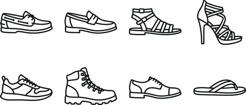 Footwear and Shoes Line Icon Set with Boot Sneaker Sandal Loafers and High Heel