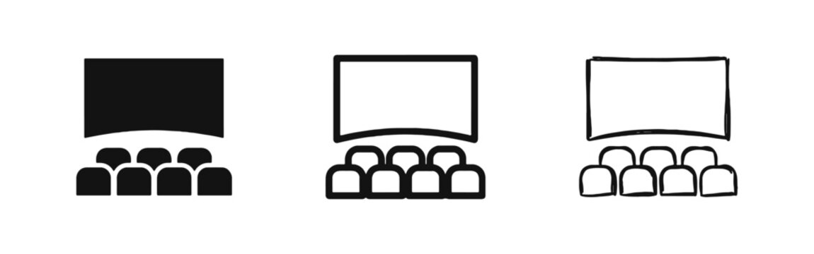 Cinema theater hall icons showing movie screen and seating in solid, outline, and hand-drawn sketch styles