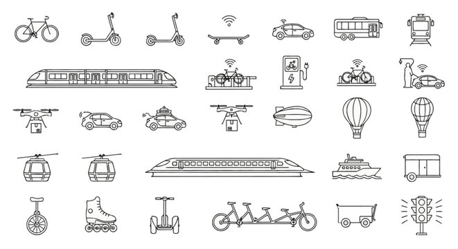 A comprehensive collection of diverse transportation modes, from bicycles and scooters to trains, drones, and futuristic autonomous vehicles.
