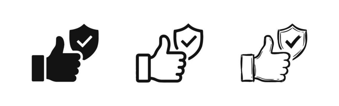 Thumbs up with security shield icons for safety approval and guarantee in solid, outline, and sketch styles