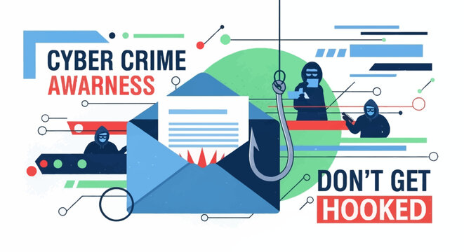 A detailed illustration about cyber crime awareness, showing phishing attempts with an email, a hook, and hackers.