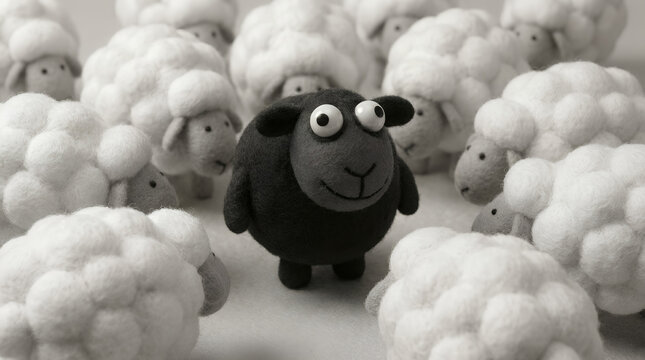 Black sheep standing among many white sheep. Concept of being different, unique and standing out from the crowd. Individualism and standing apart from the group in social society.