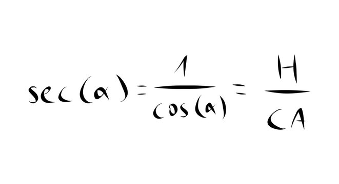 Secant Trigonometry Formula Showing Reciprocal of Cosine and Hypotenuse Over Adjacent Ratio in Clean Math Typography, sec(a) = 1/cos(a), hypotenuse over adjacent ratio, trigonometric function secant