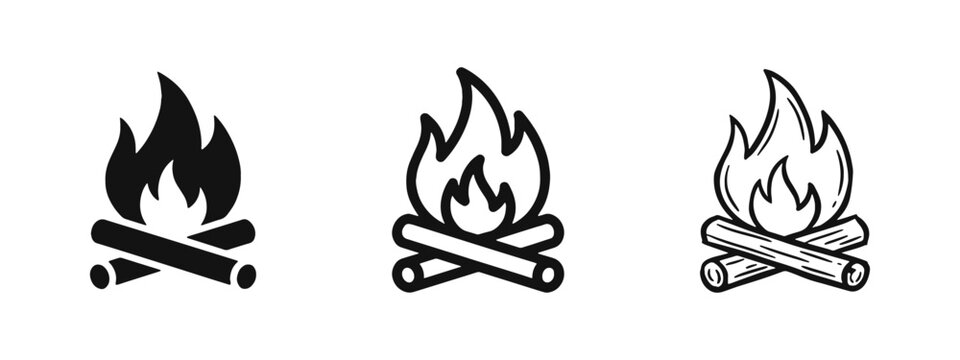 Camping campfire icon set with wood logs and flames in flat, outline and sketch styles